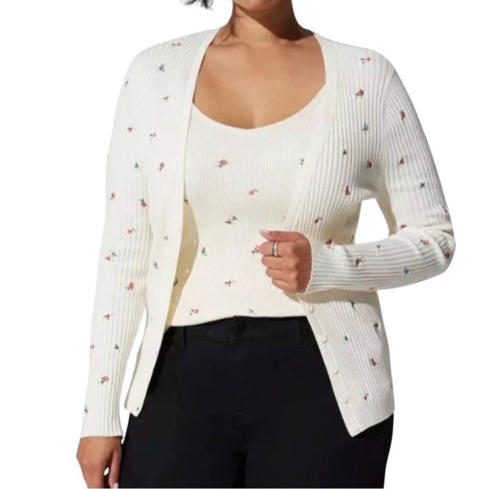 torrid Cream Ribbed Cardigan with Pink & Green Floral Dots